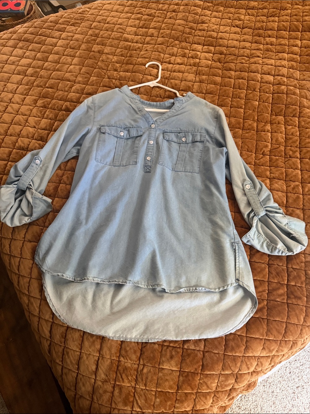 Light Blue Denim-Style Button Henley Tunic Top
